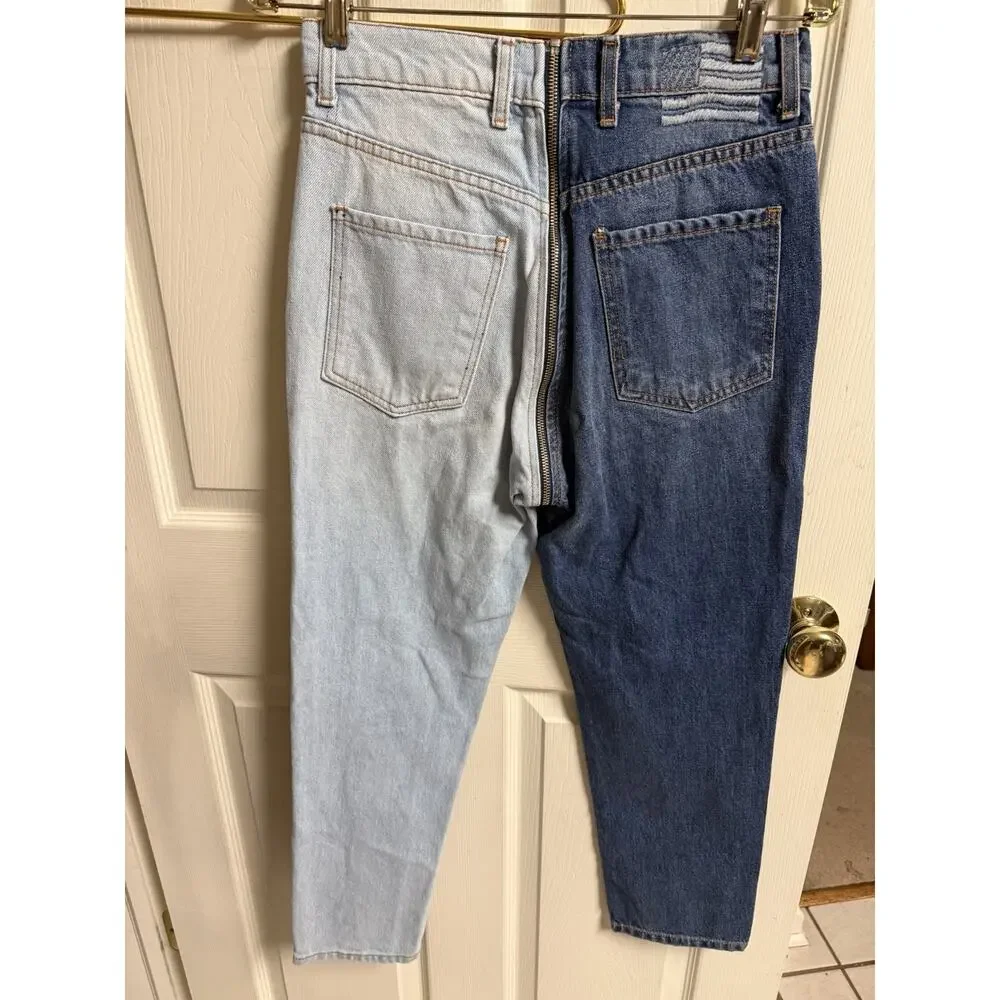 REVICE Denim Yin Yang Two Tone Split Blue Jeans High Rise Straight Leg Size 28